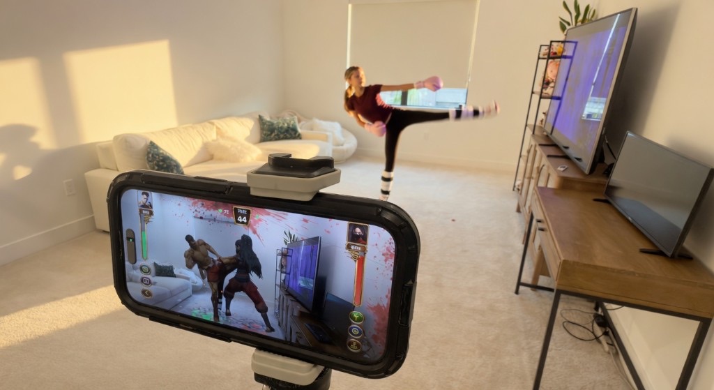 iPhone on a tripod showing AR combat overlaid on the living room