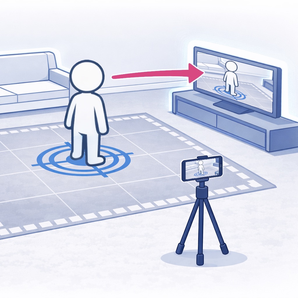 Player facing the TV on the blue marker